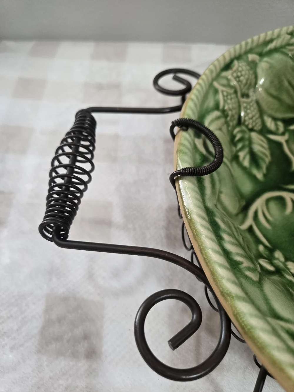 VintageGreen Round Floral Ceramic Tray 15 in w/ Black Metal Stand Handles Glossy